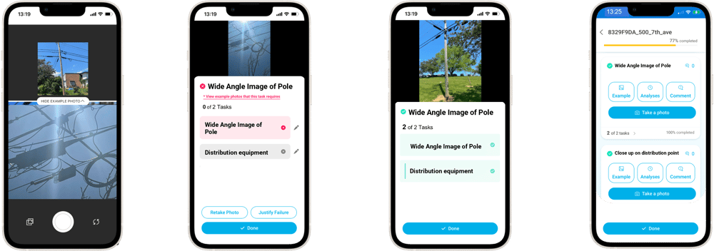 Deepomaticフィールドデータキャプチャ製品のスクリーンショットを4台の携帯電話で撮影