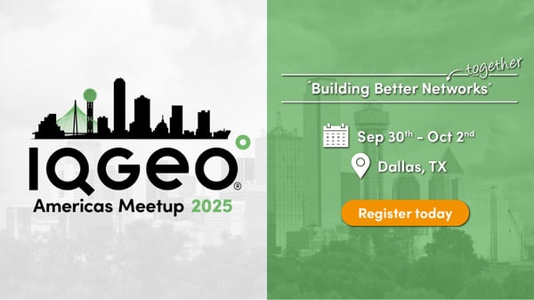 IQGeo Americas Meetup ロゴ、右側に日付と場所のテキスト、オレンジ色で登録の呼びかけを表示