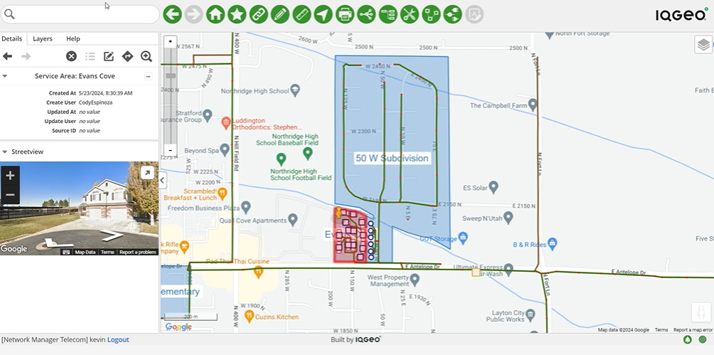 IQGeoネットワークマネージャー 電気通信光ファイバー距離レポート